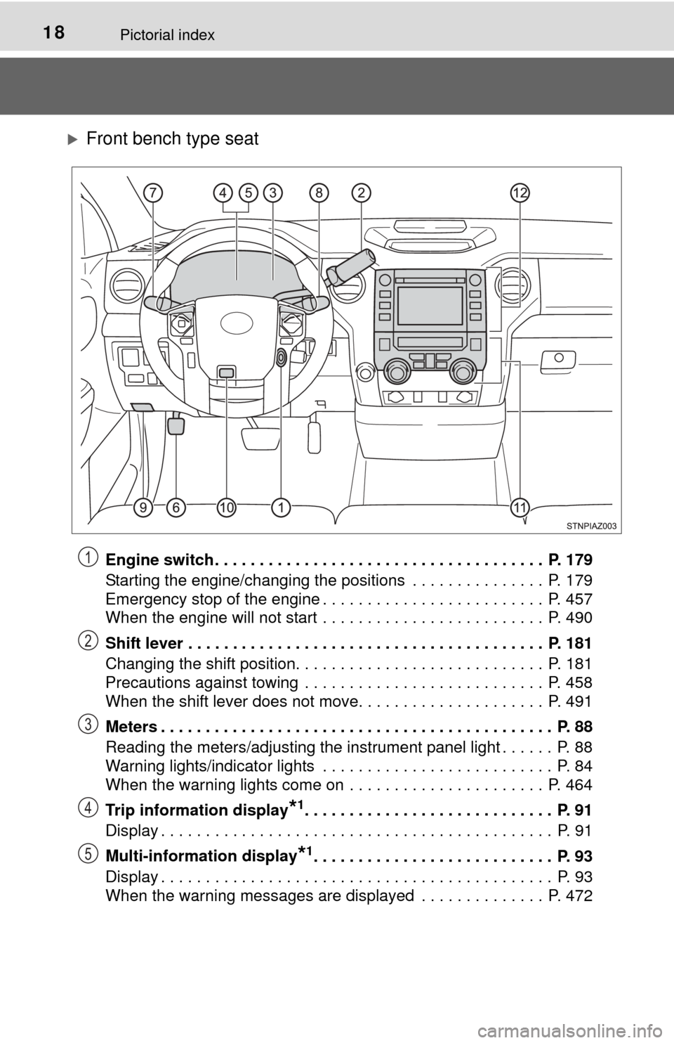 TOYOTA TUNDRA 2014 2.G Owners Manual 18Pictorial index
Front bench type seat
Engine switch . . . . . . . . . . . . . . . . . . . . . . . . . . . . . . . . . . . . . P. 179
Starting the engine/changing the positions . . . . . . . . . TOYOTA TUNDRA 2014 2.G Owners Manual 18Pictorial index
Front bench type seat
Engine switch . . . . . . . . . . . . . . . . . . . . . . . . . . . . . . . . . . . . . P. 179
Starting the engine/changing the positions . . . . . . . . .