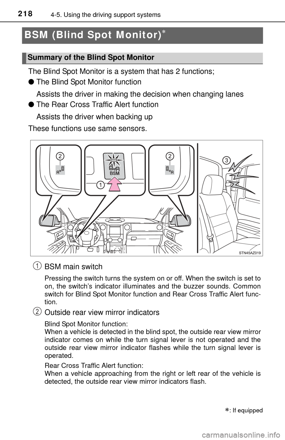 TOYOTA TUNDRA 2014 2.G Owners Manual 2184-5. Using the driving support systems
BSM (Blind Spot Monitor)
The Blind Spot Monitor is a  system that has 2 functions;
● The Blind Spot Monitor function
Assists the driver in making the dec