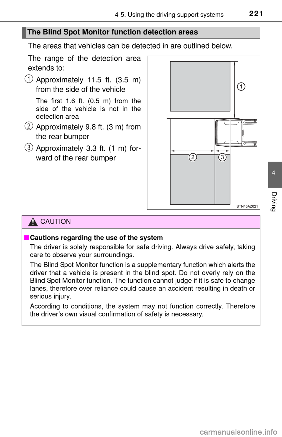 TOYOTA TUNDRA 2014 2.G Owners Manual 2214-5. Using the driving support systems
4
Driving
The areas that vehicles can be detected in are outlined below.
The range of the detection area
extends to: Approximately 11.5 ft. (3.5 m)
from the s
