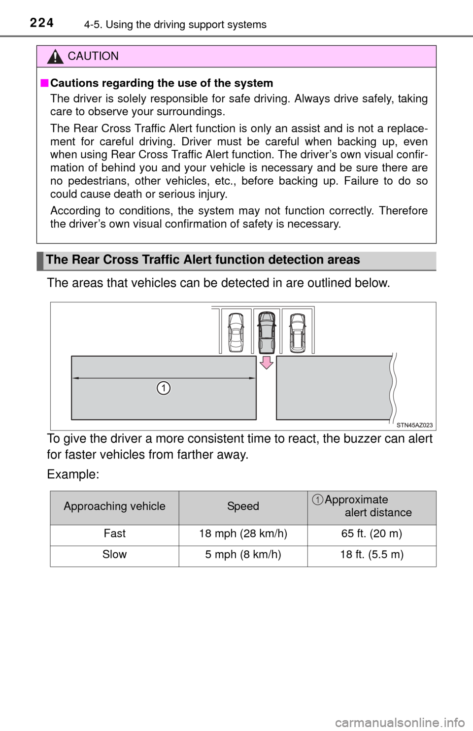 TOYOTA TUNDRA 2014 2.G Owners Manual 2244-5. Using the driving support systems
The areas that vehicles can be  detected in are outlined below.
To give the driver a more consistent time to react, the buzzer can alert
for faster vehicles f