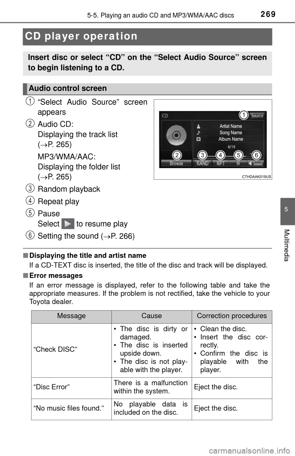 TOYOTA TUNDRA 2014 2.G Owners Manual 2695-5. Playing an audio CD and MP3/WMA/AAC discs
5
Multimedia
CD player operation
“Select Audio Source” screen
appears
Audio CD: 
Displaying the track list 
(
P. 265)
MP3/WMA/AAC: 
Displaying 