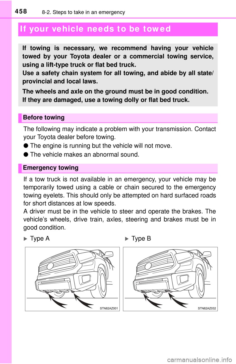 TOYOTA TUNDRA 2014 2.G Owners Manual 4588-2. Steps to take in an emergency
If your vehicle needs to be towed
The following may indicate a problem with your transmission. Contact
your Toyota dealer before towing.
●The engine is running TOYOTA TUNDRA 2014 2.G Owners Manual 4588-2. Steps to take in an emergency
If your vehicle needs to be towed
The following may indicate a problem with your transmission. Contact
your Toyota dealer before towing.
●The engine is running