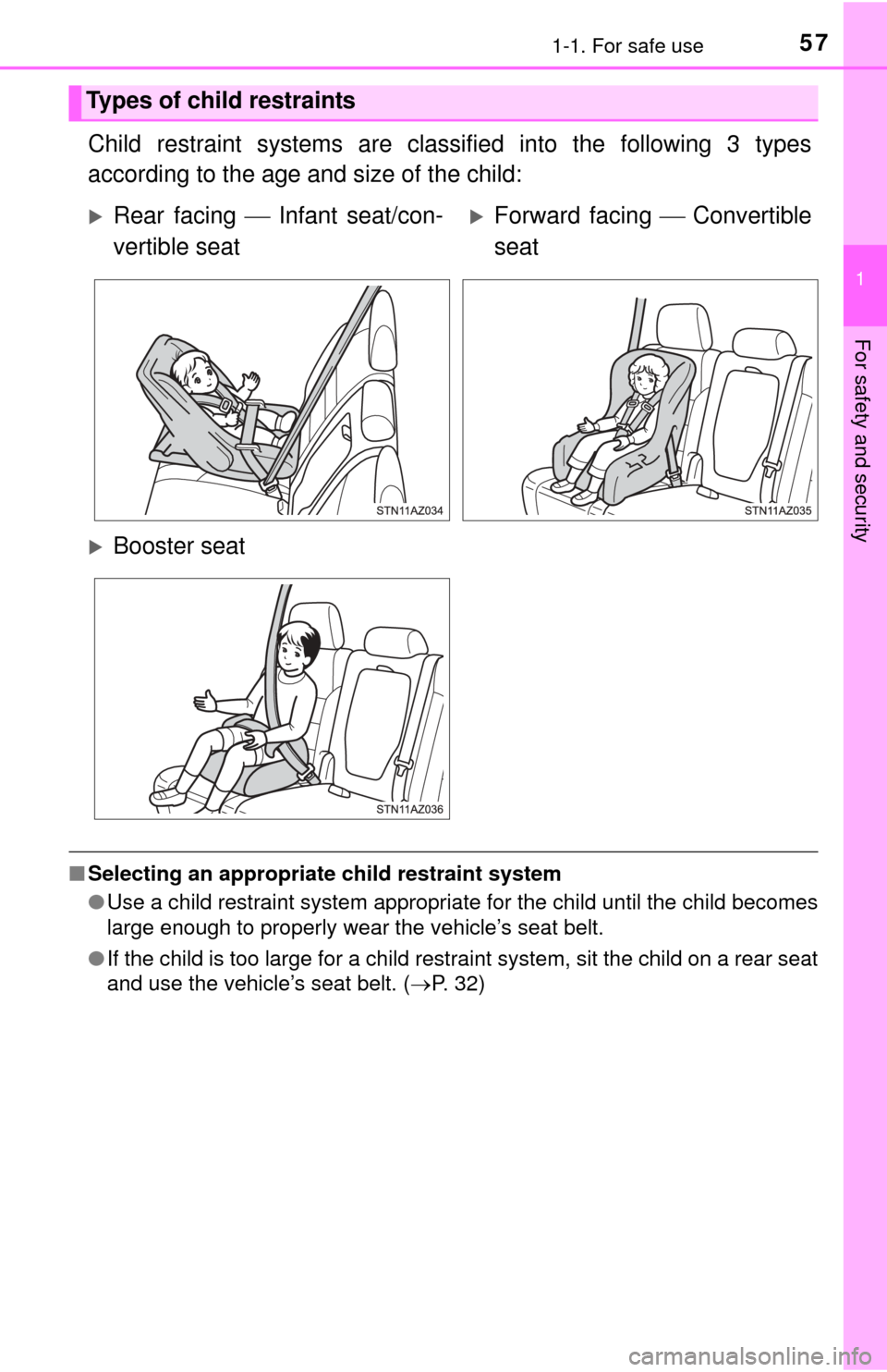 TOYOTA TUNDRA 2014 2.G Owners Manual 571-1. For safe use
1
For safety and security
Child restraint systems are classified into the following 3 types
according to the age and size of the child:
■Selecting an appropriate child restraint 