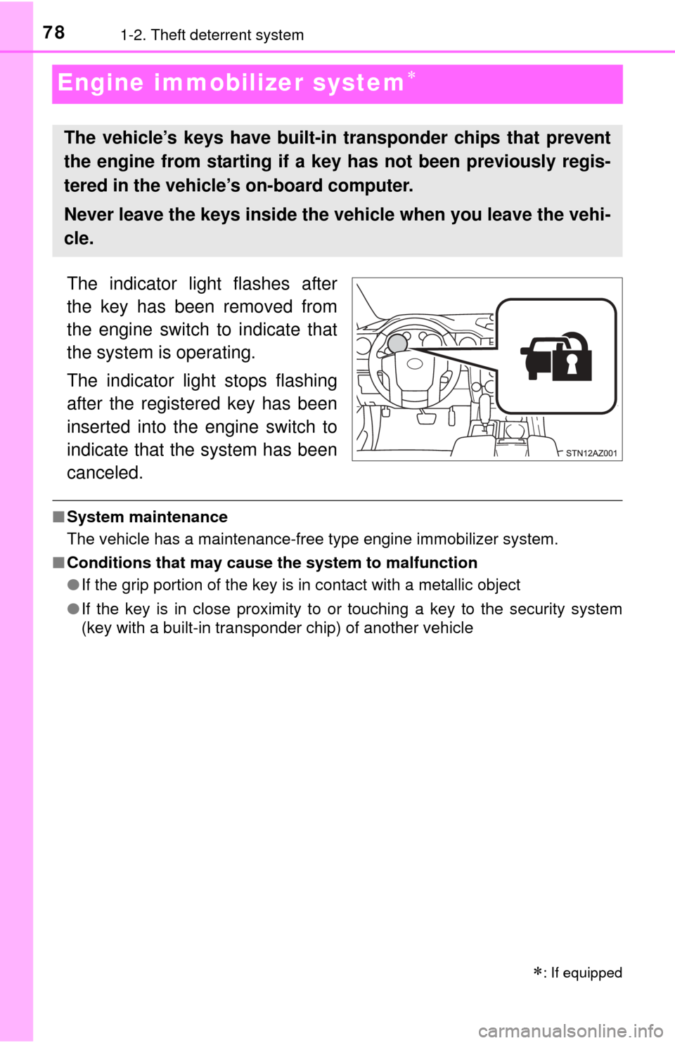 TOYOTA TUNDRA 2014 2.G Owners Manual 781-2. Theft deterrent system
Engine immobilizer system
The indicator light flashes after
the key has been removed from
the engine switch to indicate that
the system is operating.
The indicator lig