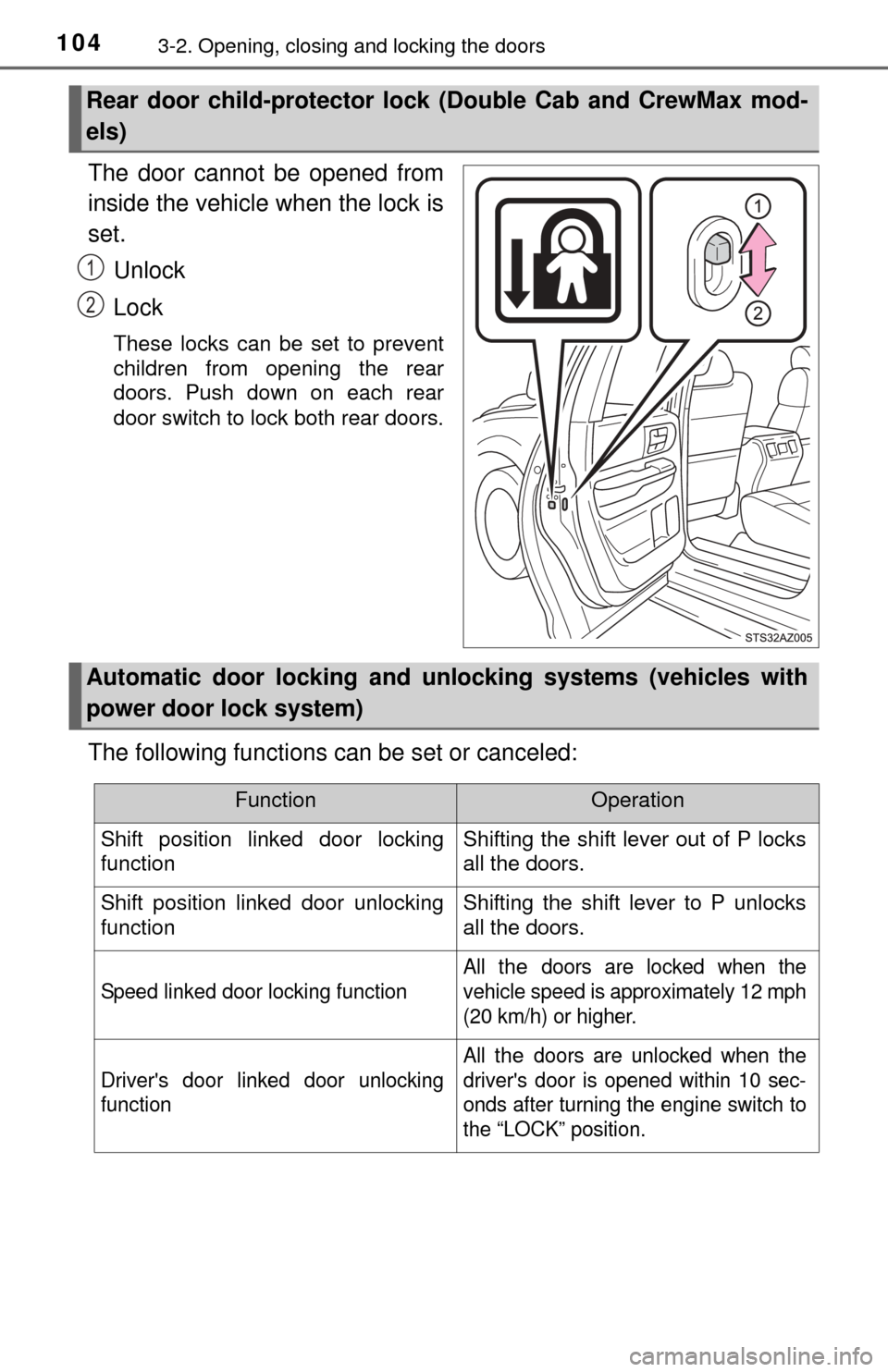 TOYOTA TUNDRA 2015 2.G Owners Manual 1043-2. Opening, closing and locking the doors
The door cannot be opened from
inside the vehicle when the lock is
set.Unlock
Lock
These locks can be set to prevent
children from opening the rear
doors TOYOTA TUNDRA 2015 2.G Owners Manual 1043-2. Opening, closing and locking the doors
The door cannot be opened from
inside the vehicle when the lock is
set.Unlock
Lock
These locks can be set to prevent
children from opening the rear
doors
