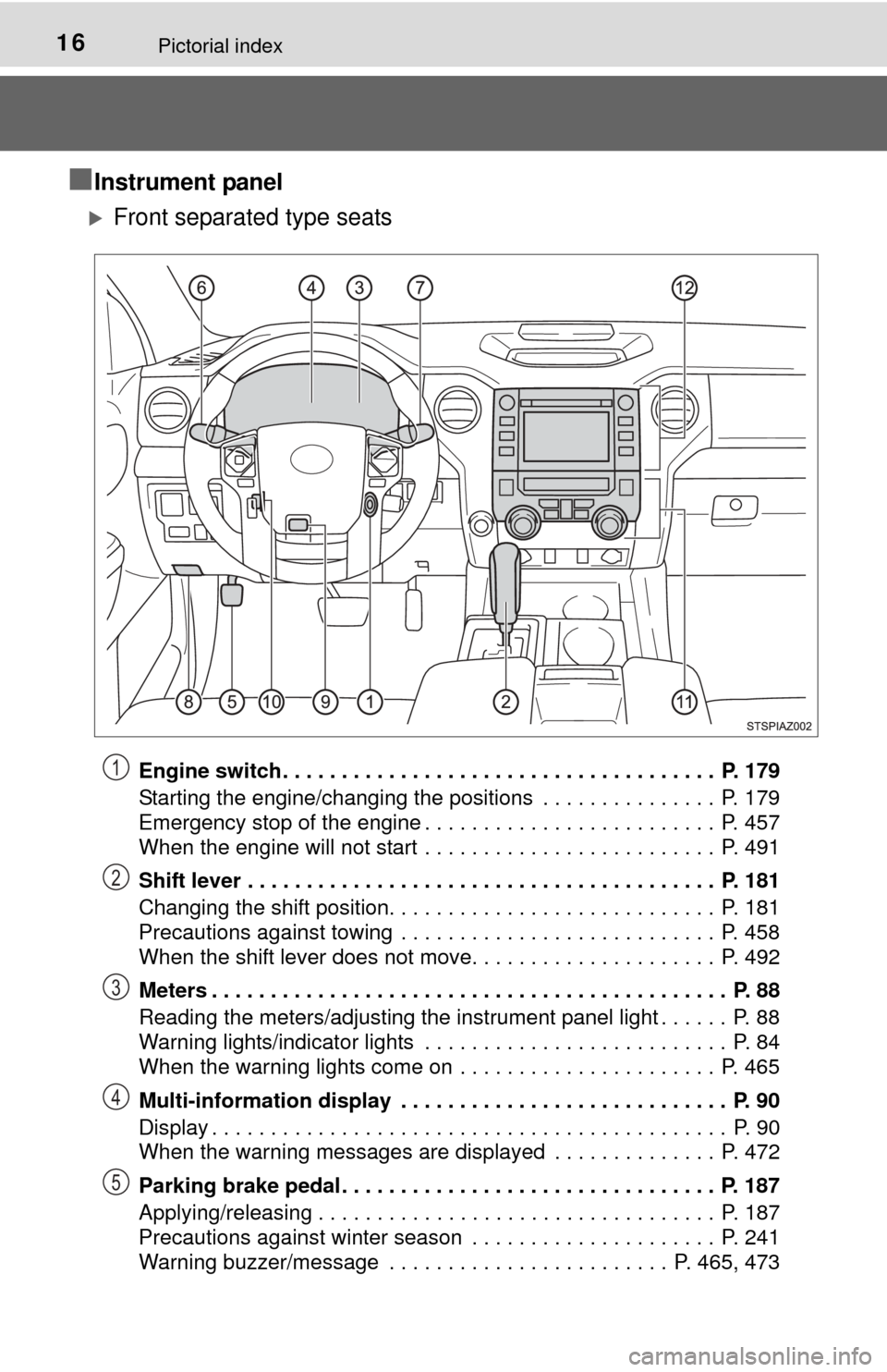 TOYOTA TUNDRA 2015 2.G Owners Manual 16Pictorial index
■Instrument panel
Front separated type seats
Engine switch . . . . . . . . . . . . . . . . . . . . . . . . . . . . . . . . . . . . . P. 179
Starting the engine/changing the pos TOYOTA TUNDRA 2015 2.G Owners Manual 16Pictorial index
■Instrument panel
Front separated type seats
Engine switch . . . . . . . . . . . . . . . . . . . . . . . . . . . . . . . . . . . . . P. 179
Starting the engine/changing the pos