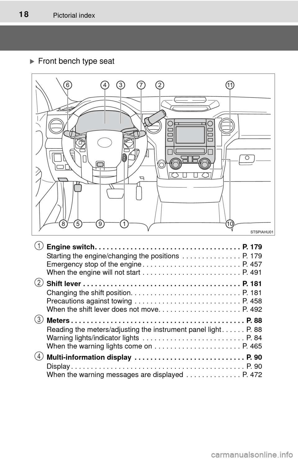 TOYOTA TUNDRA 2015 2.G Owners Manual 18Pictorial index
Front bench type seat
Engine switch . . . . . . . . . . . . . . . . . . . . . . . . . . . . . . . . . . . . .  P. 179
Starting the engine/changing the positions  . . . . . . . . .