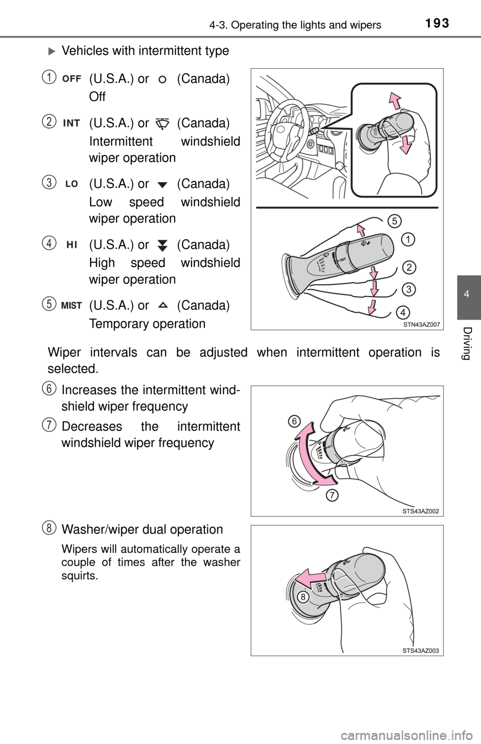 TOYOTA TUNDRA 2015 2.G Owners Manual 1934-3. Operating the lights and wipers
4
Driving
Vehicles with intermittent type(U.S.A.) or   (Canada) 
Off
(U.S.A.) or   (Canada) 
Intermittent windshield
wiper operation
(U.S.A.) or   (Canada) 
