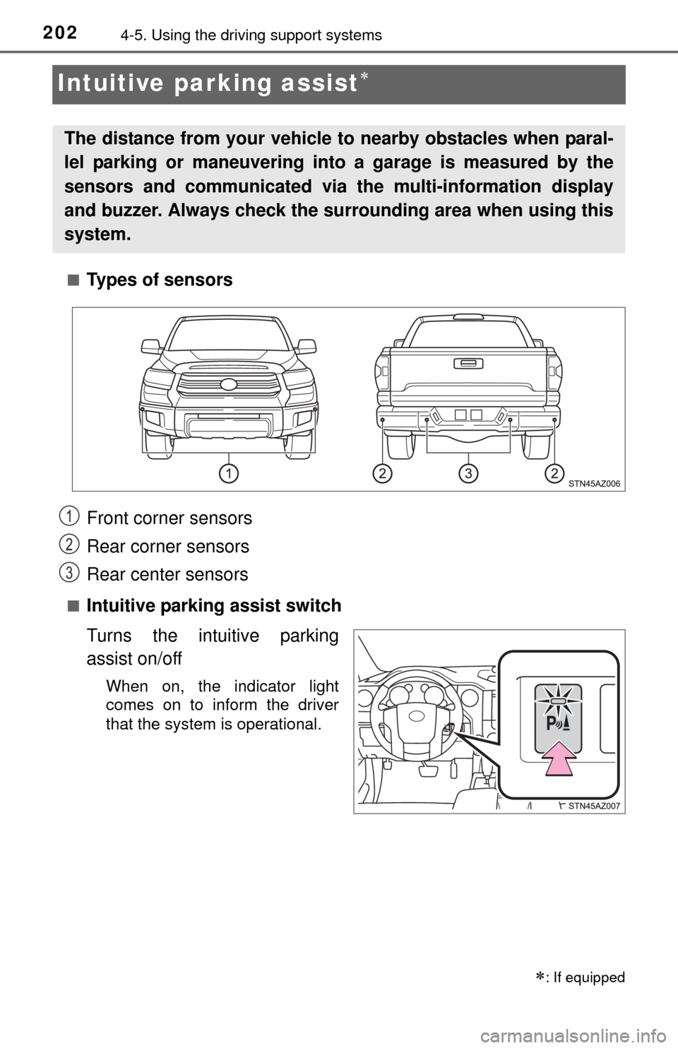 TOYOTA TUNDRA 2015 2.G Owners Manual 2024-5. Using the driving support systems
Intuitive parking assist
■Types of sensors
■Intuitive parking assist switch
Turns the intuitive parking
assist on/off
When on, the indicator light
come