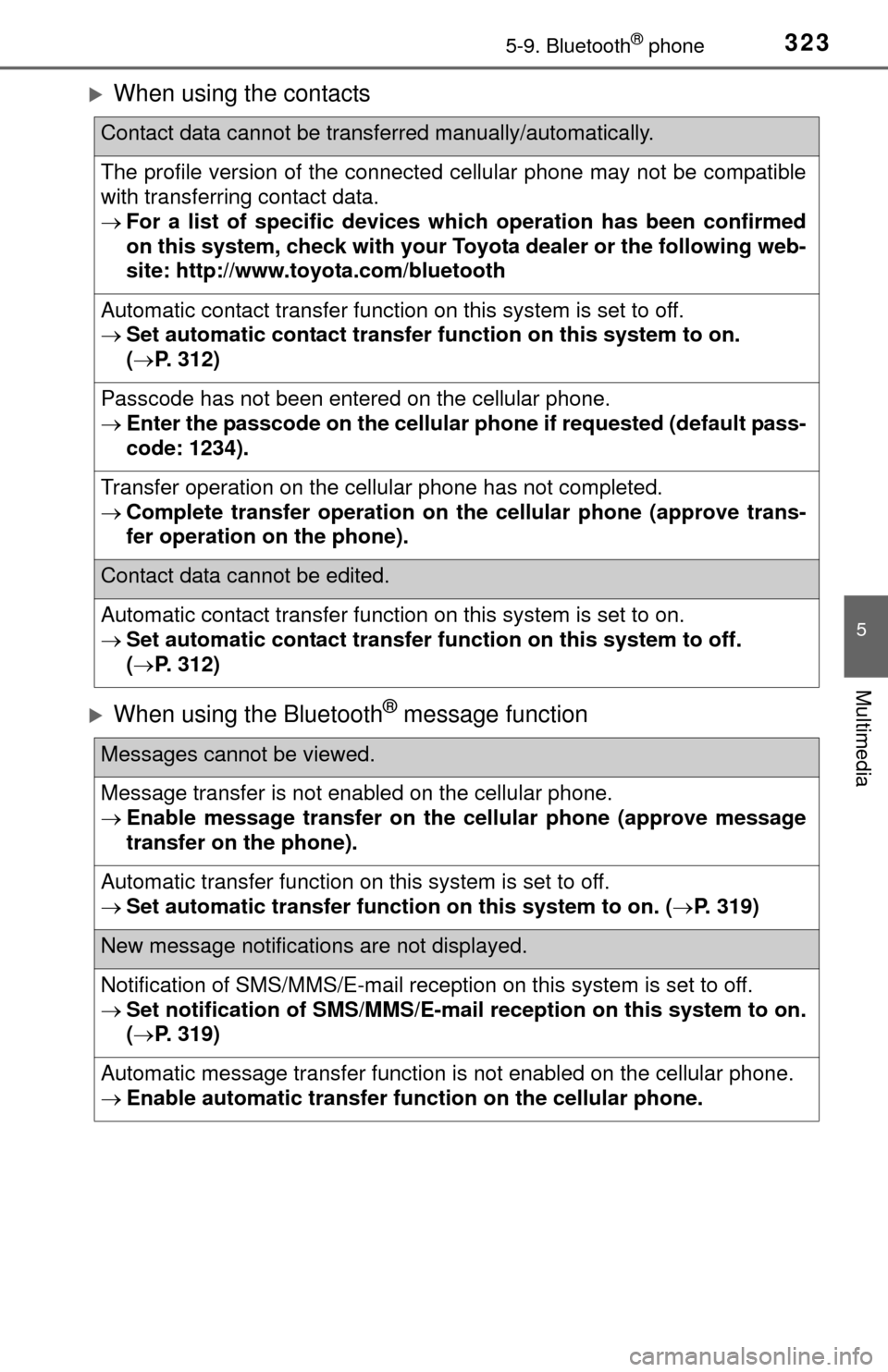 TOYOTA TUNDRA 2015 2.G Owners Manual 3235-9. Bluetooth® phone
5
Multimedia
When using the contacts
When using the Bluetooth® message function
Contact data cannot be transferred manually/automatically.
The profile version of the c TOYOTA TUNDRA 2015 2.G Owners Manual 3235-9. Bluetooth® phone
5
Multimedia
When using the contacts
When using the Bluetooth® message function
Contact data cannot be transferred manually/automatically.
The profile version of the c