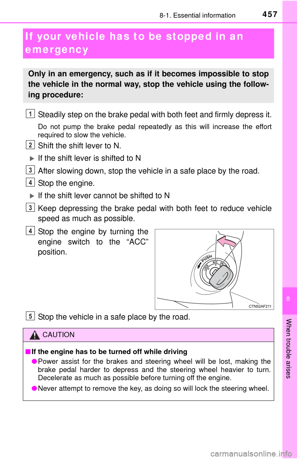 TOYOTA TUNDRA 2015 2.G Owners Manual 457
8
When trouble arises
8-1. Essential information
If your vehicle has to be stopped in an
emergency
Steadily step on the brake pedal wi th both feet and firmly depress it.
Do not pump the brake pe TOYOTA TUNDRA 2015 2.G Owners Manual 457
8
When trouble arises
8-1. Essential information
If your vehicle has to be stopped in an
emergency
Steadily step on the brake pedal wi th both feet and firmly depress it.
Do not pump the brake pe