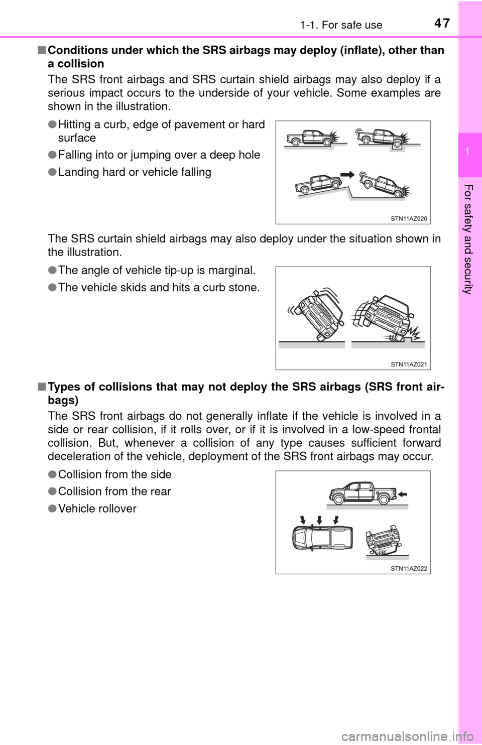 TOYOTA TUNDRA 2015 2.G Owners Manual 471-1. For safe use
1
For safety and security
■Conditions under which the SRS airbags may deploy (inflate), other than
a collision
The SRS front airbags and SRS curtain shield airbags may also deplo TOYOTA TUNDRA 2015 2.G Owners Manual 471-1. For safe use
1
For safety and security
■Conditions under which the SRS airbags may deploy (inflate), other than
a collision
The SRS front airbags and SRS curtain shield airbags may also deplo