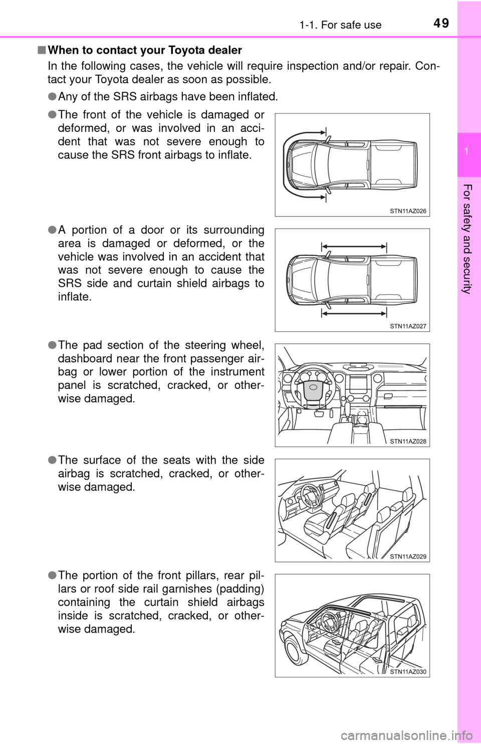 TOYOTA TUNDRA 2015 2.G Owners Manual 491-1. For safe use
1
For safety and security
■When to contact your Toyota dealer
In the following cases, the vehicle will require inspection and/or repair. Con-
tact your Toyota dealer as soon as p TOYOTA TUNDRA 2015 2.G Owners Manual 491-1. For safe use
1
For safety and security
■When to contact your Toyota dealer
In the following cases, the vehicle will require inspection and/or repair. Con-
tact your Toyota dealer as soon as p
