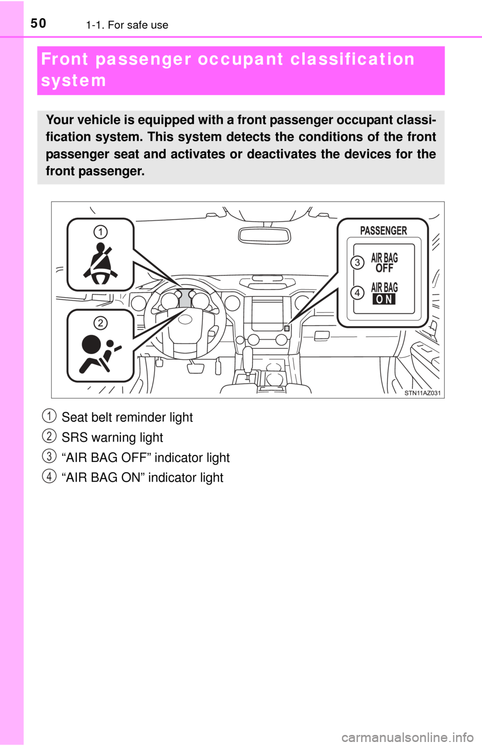 TOYOTA TUNDRA 2015 2.G Owners Manual 501-1. For safe use
Front passenger occupant classification 
system
Your vehicle is equipped with a front passenger occupant classi-
fication system. This system detects the conditions of the front
pa