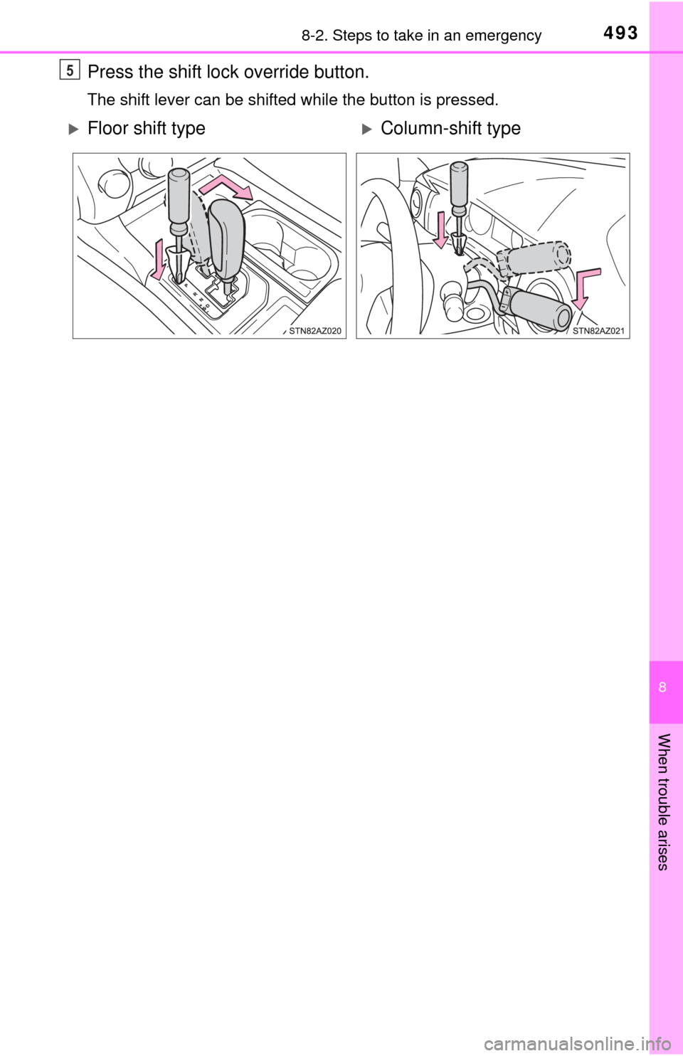 TOYOTA TUNDRA 2015 2.G Owners Manual 4938-2. Steps to take in an emergency
8
When trouble arises
Press the shift lock override button.
The shift lever can be shifted while the button is pressed.
5
Floor shift typeColumn-shift type 