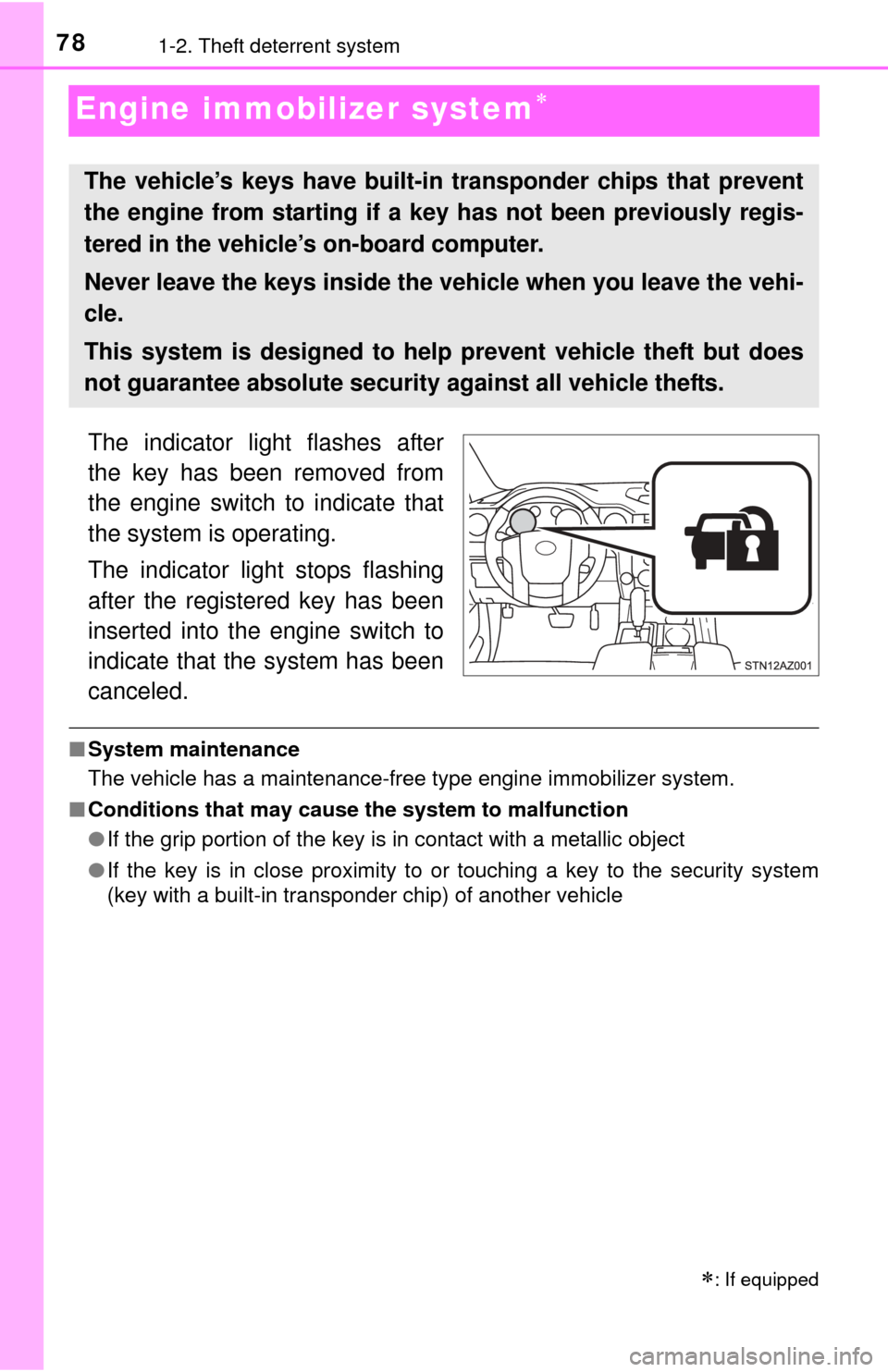 TOYOTA TUNDRA 2015 2.G Owners Manual 781-2. Theft deterrent system
Engine immobilizer system
The indicator light flashes after
the key has been removed from
the engine switch to indicate that
the system is operating.
The indicator lig TOYOTA TUNDRA 2015 2.G Owners Manual 781-2. Theft deterrent system
Engine immobilizer system
The indicator light flashes after
the key has been removed from
the engine switch to indicate that
the system is operating.
The indicator lig
