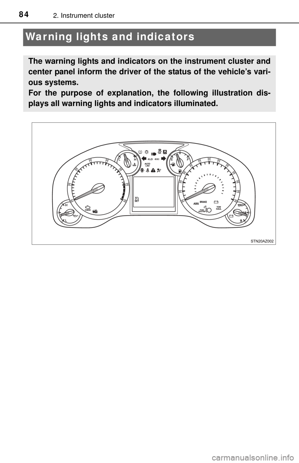 TOYOTA TUNDRA 2015 2.G Owners Manual 842. Instrument cluster
Warning lights and indicators
The warning lights and indicators on the instrument cluster and
center panel inform the driver of the status of the vehicle’s vari-
ous systems.