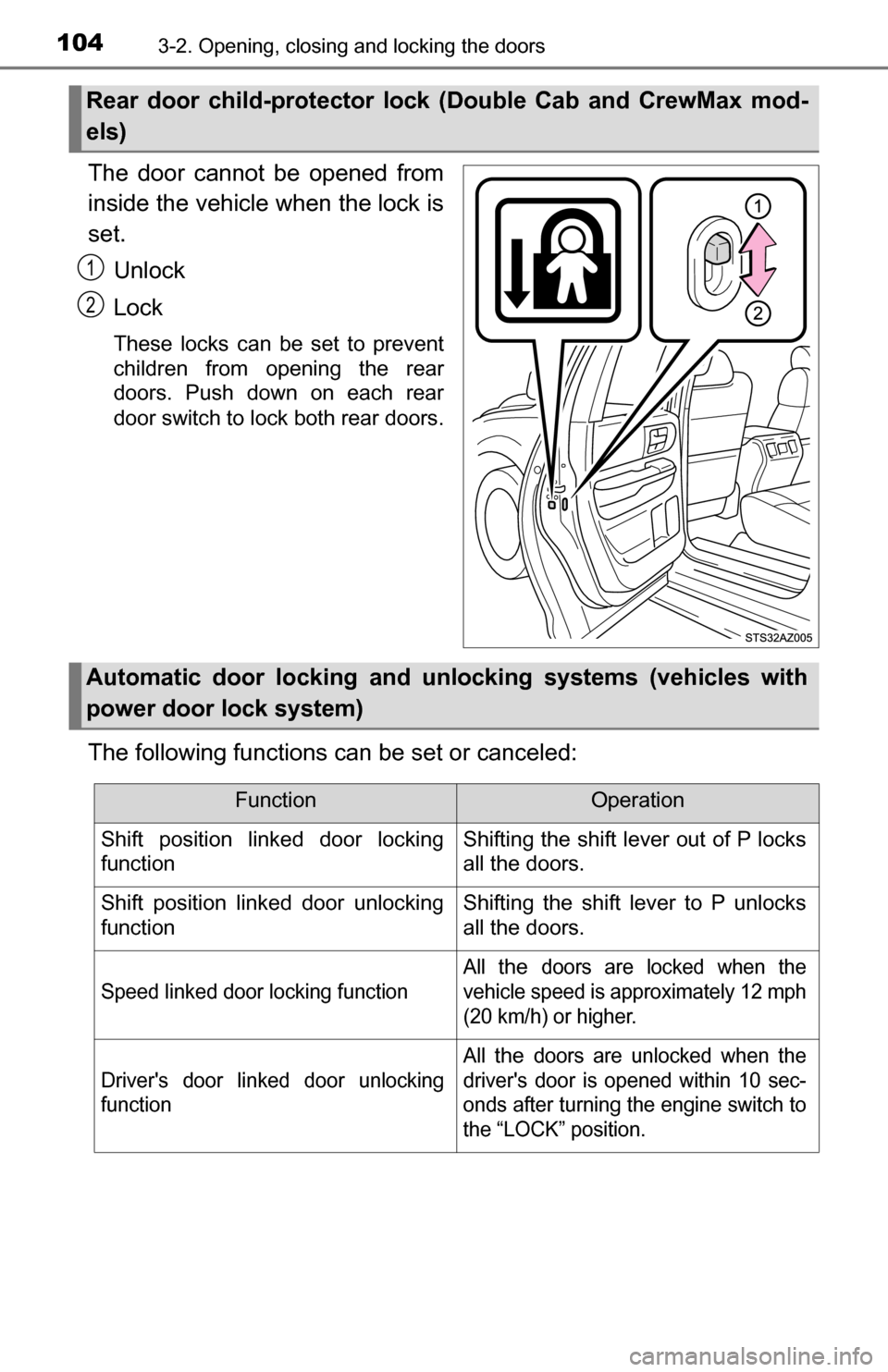 TOYOTA TUNDRA 2016 2.G Owners Manual 1043-2. Opening, closing and locking the doors
The door cannot be opened from
inside the vehicle when the lock is
set.Unlock
Lock
These locks can be set to prevent
children from opening the rear
doors TOYOTA TUNDRA 2016 2.G Owners Manual 1043-2. Opening, closing and locking the doors
The door cannot be opened from
inside the vehicle when the lock is
set.Unlock
Lock
These locks can be set to prevent
children from opening the rear
doors