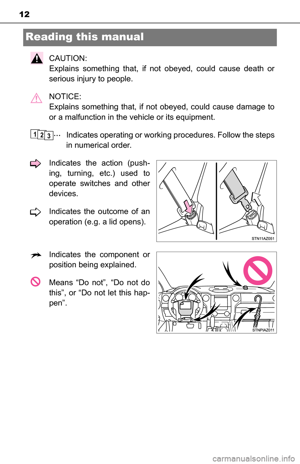TOYOTA TUNDRA 2016 2.G Owners Manual 12
Reading this manual
CAUTION: 
Explains something that, if not obeyed, could cause death or
serious injury to people.
NOTICE: 
Explains something that, if not obeyed, could cause damage to
or a malf