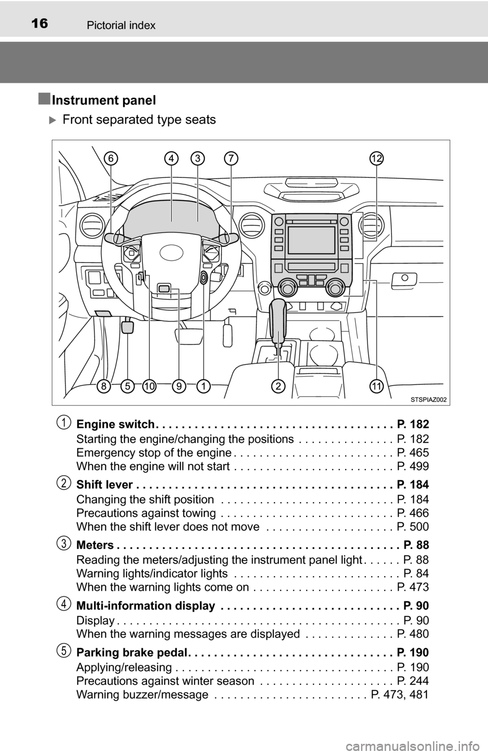 TOYOTA TUNDRA 2016 2.G Owners Manual 16Pictorial index
■Instrument panel
Front separated type seats
Engine switch . . . . . . . . . . . . . . . . . . . . . . . . . . . . . . . . . . . . . P. 182
Starting the engine/changing the pos TOYOTA TUNDRA 2016 2.G Owners Manual 16Pictorial index
■Instrument panel
Front separated type seats
Engine switch . . . . . . . . . . . . . . . . . . . . . . . . . . . . . . . . . . . . . P. 182
Starting the engine/changing the pos