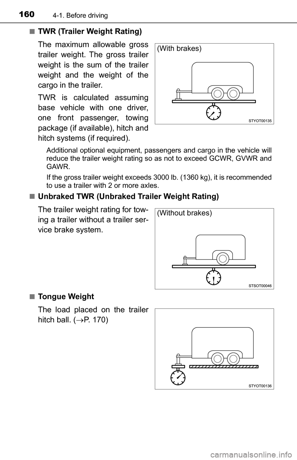 TOYOTA TUNDRA 2016 2.G Owners Manual 1604-1. Before driving
■TWR (Trailer Weight Rating)
The maximum allowable gross
trailer weight. The gross trailer
weight is the sum of the trailer
weight and the weight of the
cargo in the trailer.
