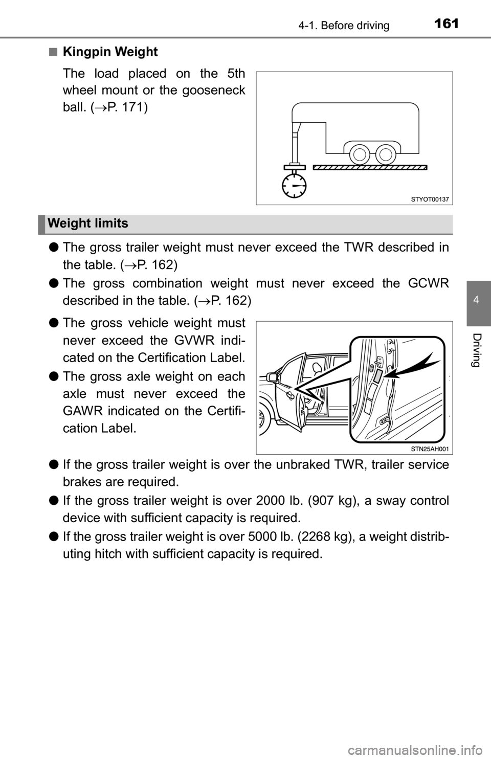 TOYOTA TUNDRA 2016 2.G Owners Manual 1614-1. Before driving
4
Driving
■Kingpin Weight
The load placed on the 5th
wheel mount or the gooseneck
ball. (P. 171)
● The gross trailer weight must never exceed the TWR described in
the tab