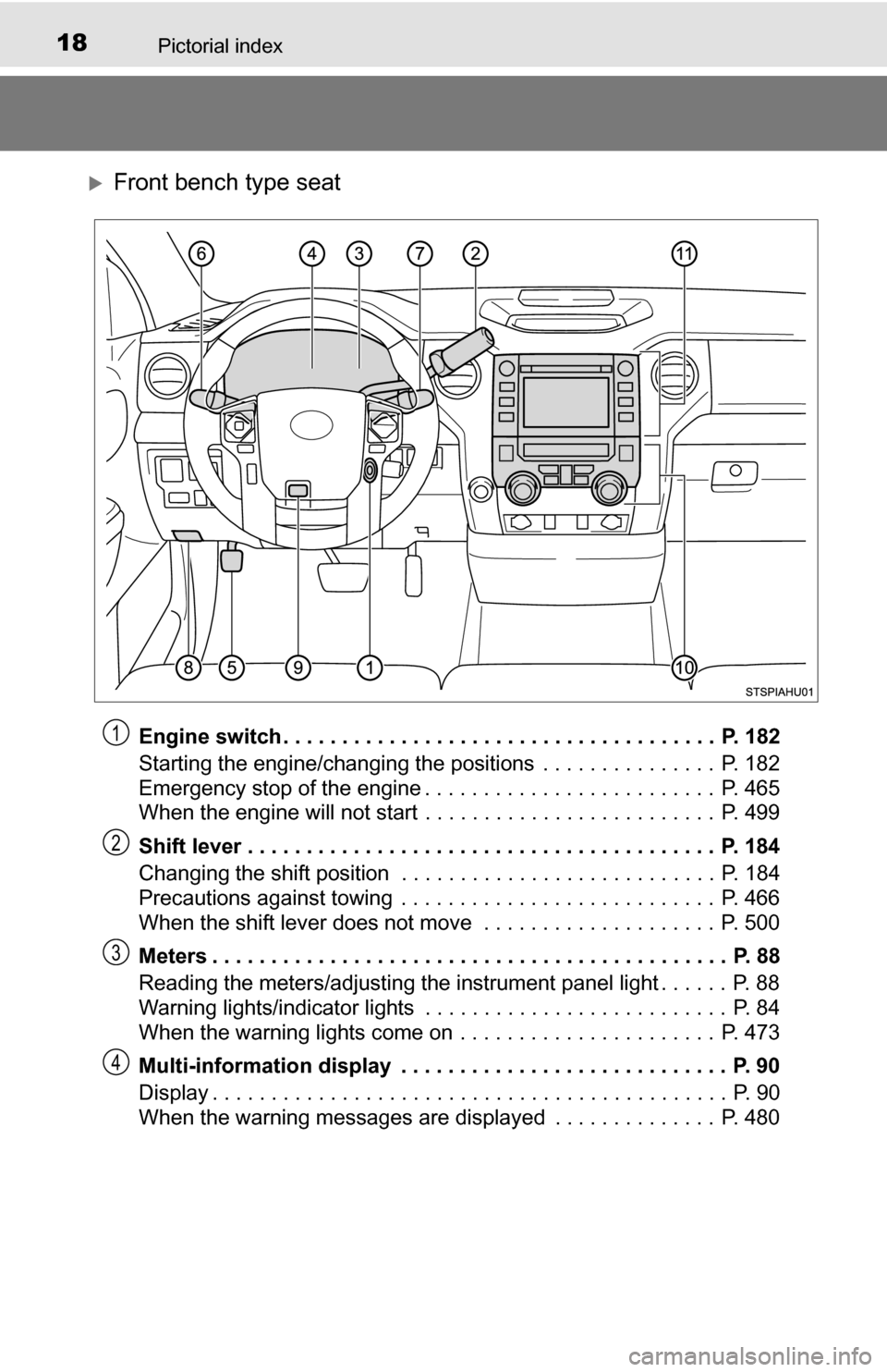 TOYOTA TUNDRA 2016 2.G Owners Manual 18Pictorial index
Front bench type seat
Engine switch . . . . . . . . . . . . . . . . . . . . . . . . . . . . . . . . . . . . . P. 182
Starting the engine/changing the positions . . . . . . . . . TOYOTA TUNDRA 2016 2.G Owners Manual 18Pictorial index
Front bench type seat
Engine switch . . . . . . . . . . . . . . . . . . . . . . . . . . . . . . . . . . . . . P. 182
Starting the engine/changing the positions . . . . . . . . .