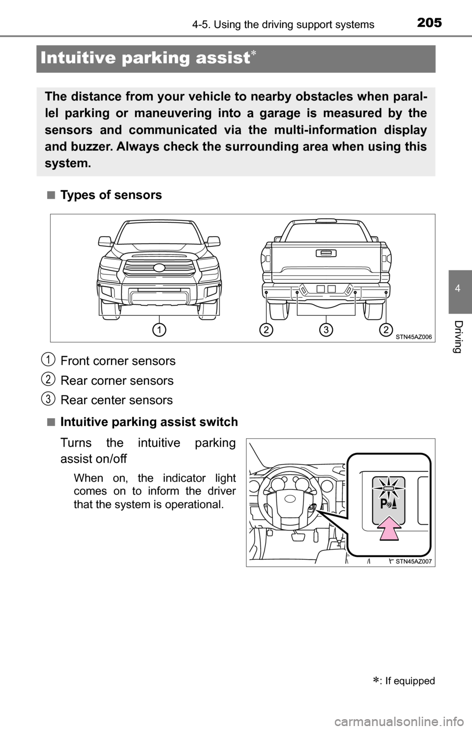 TOYOTA TUNDRA 2016 2.G Owners Manual 2054-5. Using the driving support systems
4
Driving
Intuitive parking assist
■Types of sensors
■Intuitive parking assist switch
Turns the intuitive parking
assist on/off
When on, the indicator 