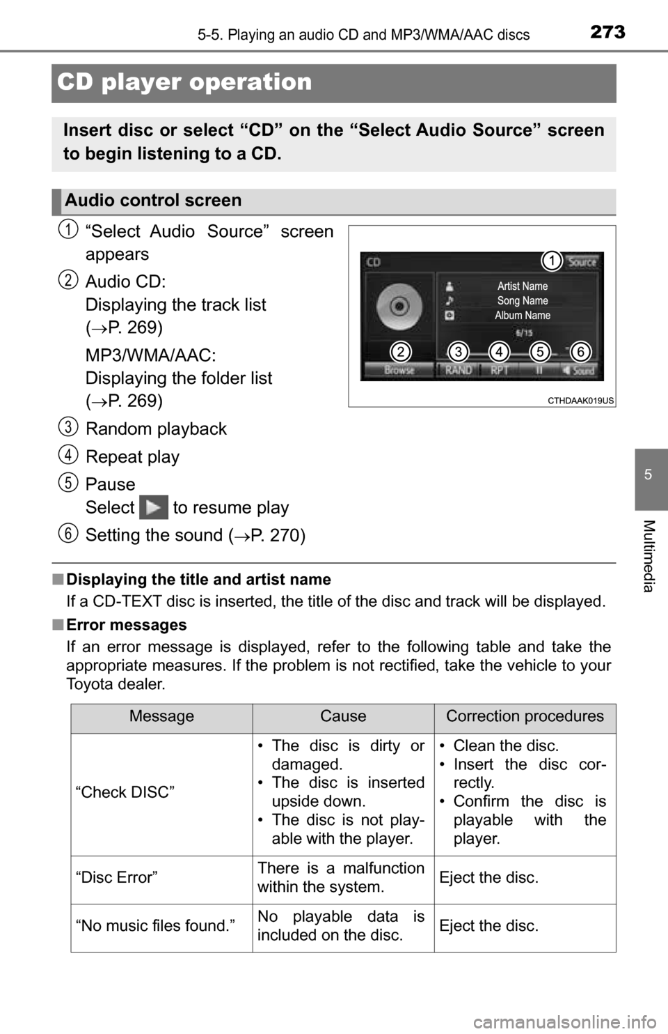 TOYOTA TUNDRA 2016 2.G Owners Manual 2735-5. Playing an audio CD and MP3/WMA/AAC discs
5
Multimedia
CD player operation
“Select Audio Source” screen
appears
Audio CD:
Displaying the track list
(
P. 269)
MP3/WMA/AAC:
Displaying TOYOTA TUNDRA 2016 2.G Owners Manual 2735-5. Playing an audio CD and MP3/WMA/AAC discs
5
Multimedia
CD player operation
“Select Audio Source” screen
appears
Audio CD:
Displaying the track list
(
P. 269)
MP3/WMA/AAC:
Displaying