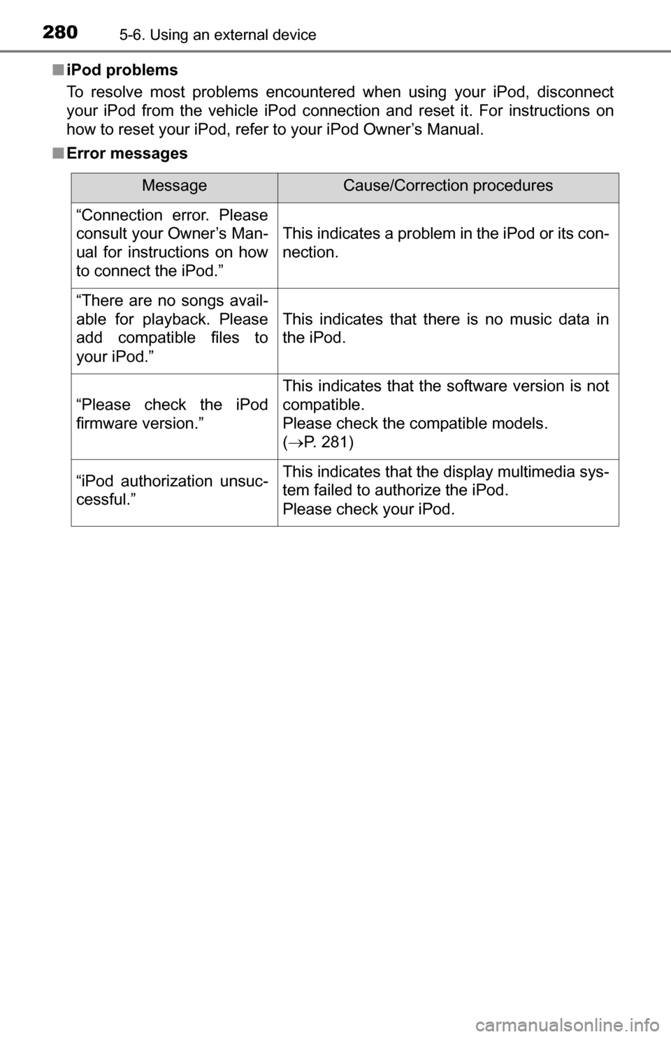 TOYOTA TUNDRA 2016 2.G Owners Manual 2805-6. Using an external device
■iPod problems
To resolve most problems encountered when using your iPod, disconnect
your iPod from the vehicle iPod connection and reset it. For instructions on
how