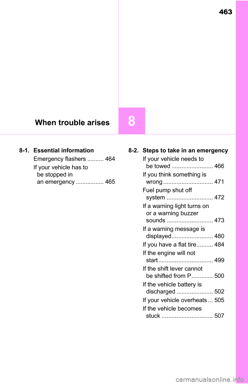 TOYOTA TUNDRA 2016 2.G Owners Manual 463
8When trouble arises
8-1. Essential informationEmergency flashers .......... 464
If your vehicle has to be stopped in 
an emergency ................. 465 8-2. Steps to take in an emergency
If your