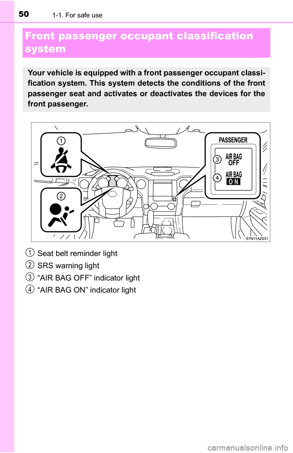 TOYOTA TUNDRA 2016 2.G Owners Manual 501-1. For safe use
Front passenger occupant classification 
system
Your vehicle is equipped with a front passenger occupant classi-
fication system. This system detects the conditions of the front
pa