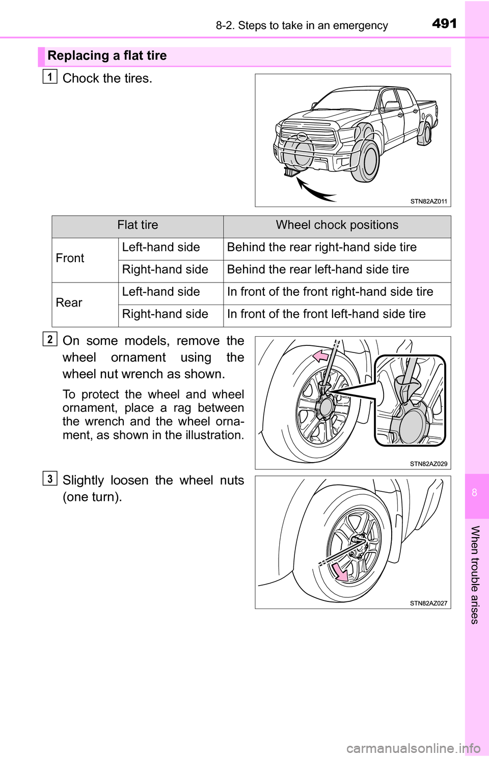 TOYOTA TUNDRA 2016 2.G Owners Manual 4918-2. Steps to take in an emergency
8
When trouble arises
Chock the tires.
On some models, remove the
wheel ornament using the
wheel nut wrench as shown.
To protect the wheel and wheel
ornament, pla
