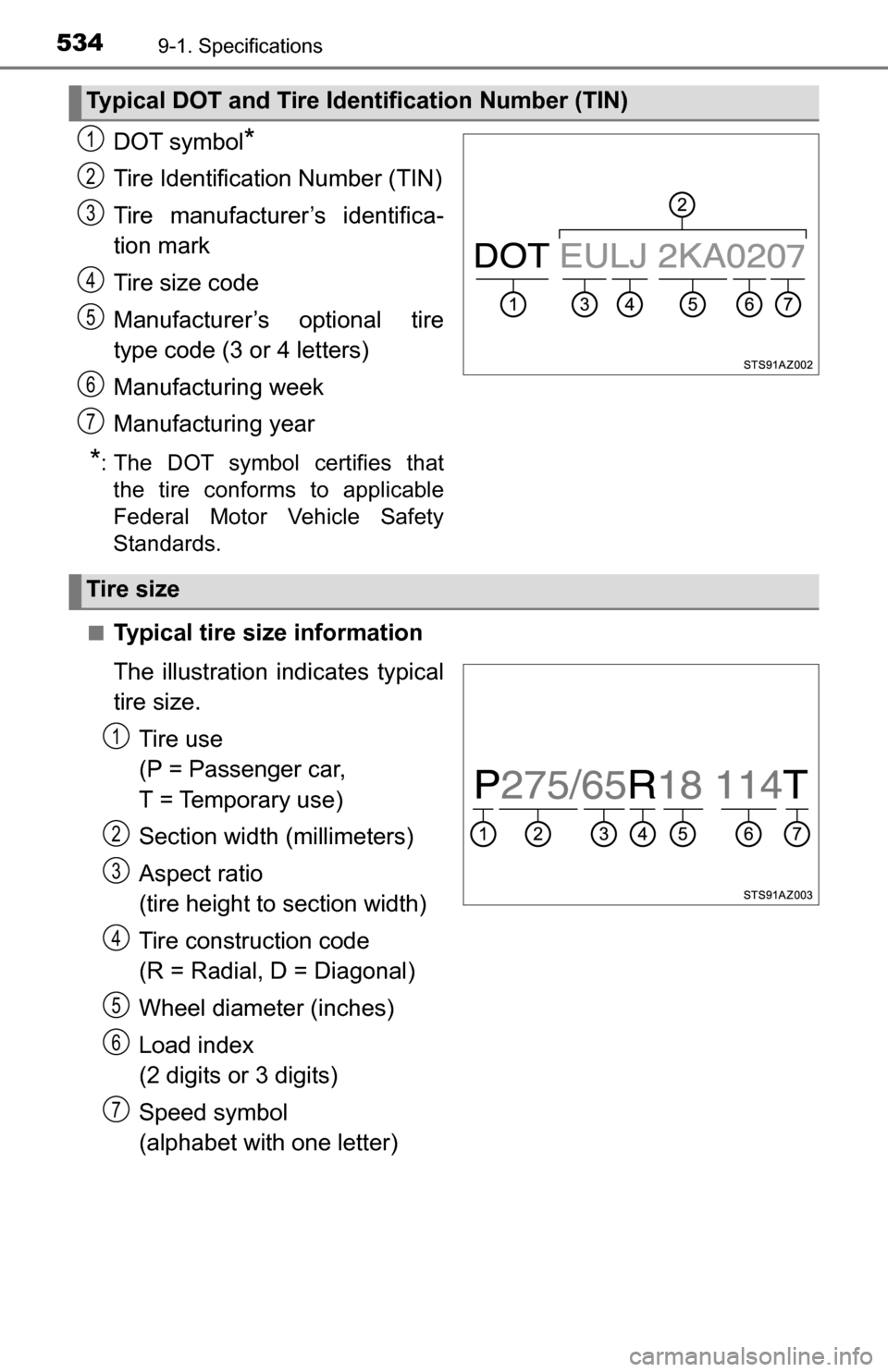 TOYOTA TUNDRA 2016 2.G Owners Manual 5349-1. Specifications
DOT symbol*
Tire Identification Number (TIN)
Tire manufacturer’s identifica-
tion mark
Tire size code
Manufacturer’s optional tire
type code (3 or 4 letters)
Manufacturing w