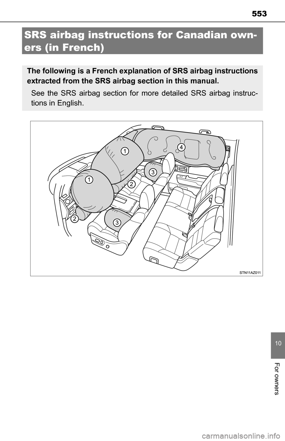 TOYOTA TUNDRA 2016 2.G Owners Manual 553
10
For owners
SRS airbag instructions for Canadian own-
ers (in French)
The following is a French explanation of SRS airbag instructions
extracted from the SRS airbag section in this manual.
See t