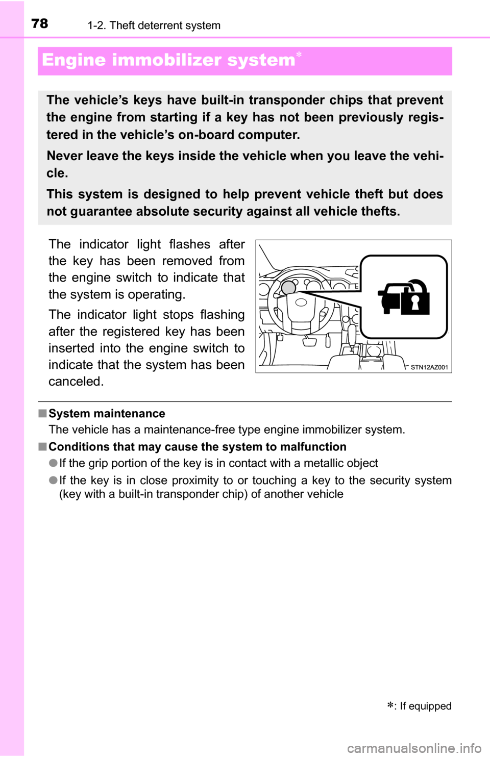 TOYOTA TUNDRA 2016 2.G Owners Manual 781-2. Theft deterrent system
Engine immobilizer system
The indicator light flashes after
the key has been removed from
the engine switch to indicate that
the system is operating.
The indicator lig TOYOTA TUNDRA 2016 2.G Owners Manual 781-2. Theft deterrent system
Engine immobilizer system
The indicator light flashes after
the key has been removed from
the engine switch to indicate that
the system is operating.
The indicator lig