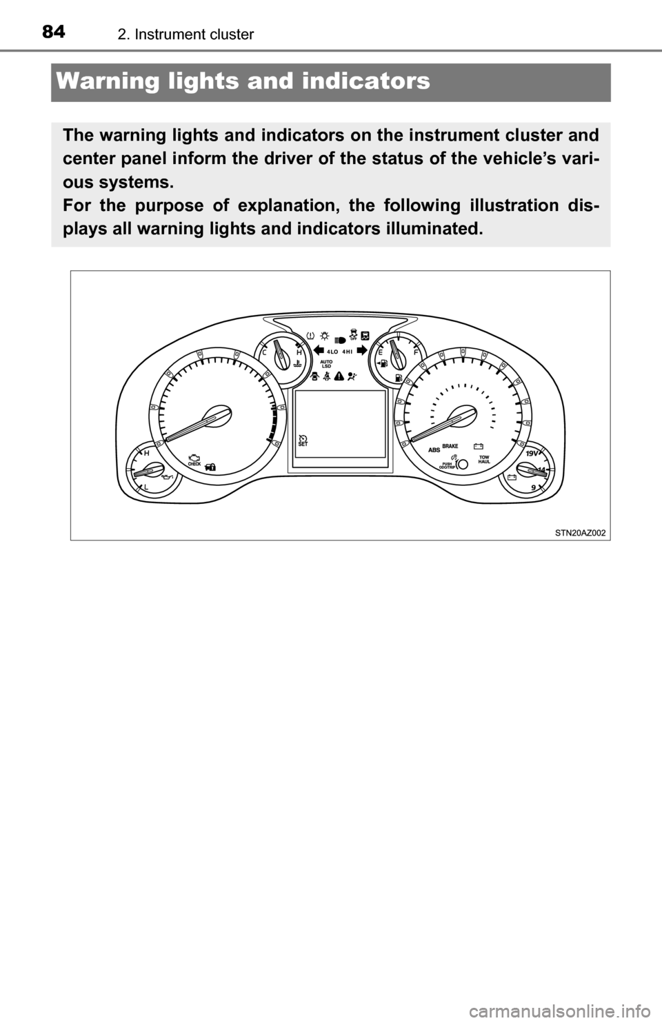 TOYOTA TUNDRA 2016 2.G Owners Manual 842. Instrument cluster
Warning lights and indicators
The warning lights and indicators on the instrument cluster and
center panel inform the driver of the status of the vehicle’s vari-
ous systems.