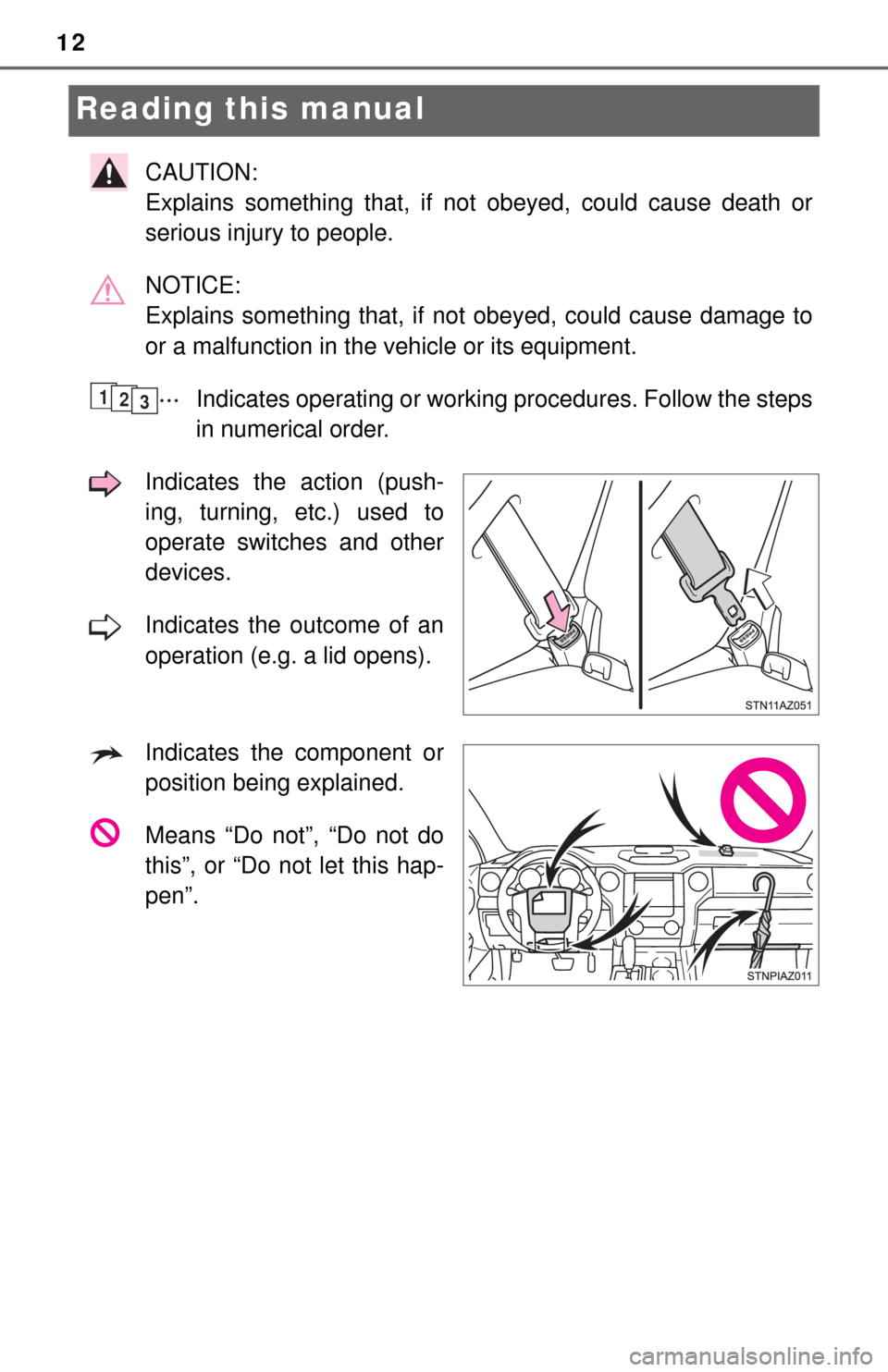 TOYOTA TUNDRA 2017 2.G Owners Manual 12
Reading this manual
CAUTION: 
Explains something that, if not obeyed, could cause death or
serious injury to people.
NOTICE: 
Explains something that, if not obeyed, could cause damage to
or a malf