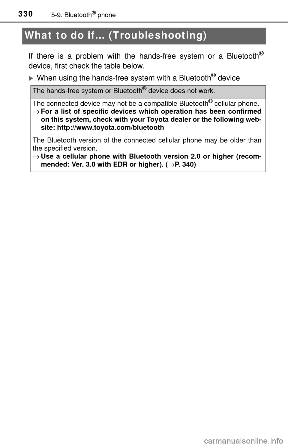 TOYOTA TUNDRA 2017 2.G Owners Manual 3305-9. Bluetooth® phone
What to do if... (Troubleshooting)
If there is a problem with the  hands-free system or a Bluetooth®
device, first check the table below.
When using the hands-free system