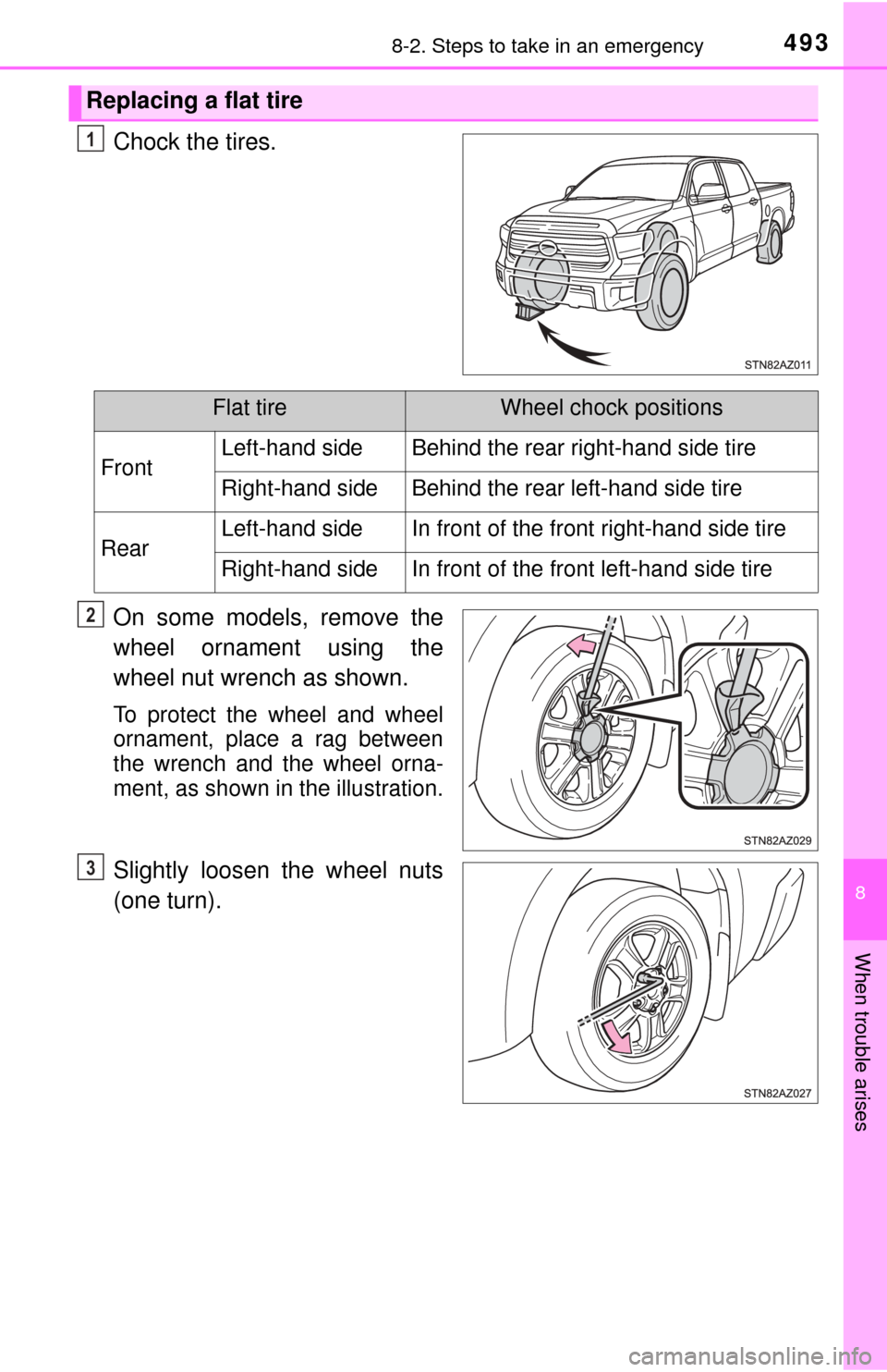 TOYOTA TUNDRA 2017 2.G Owners Manual 4938-2. Steps to take in an emergency
8
When trouble arises
Chock the tires.
On some models, remove the
wheel ornament using the
wheel nut wrench as shown.
To protect the wheel and wheel
ornament, pla