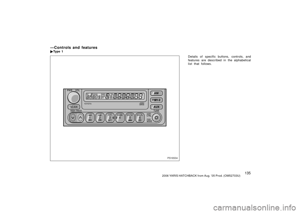 TOYOTA YARIS 2006 2.G Owners Manual 1352006 YARIS HATCHBACK from Aug. ’05 Prod. (OM52703U)
Details of specific buttons, controls, and
features are described in the alphabetical
list that follows.
—Controls and features
Ty p e  1
PS