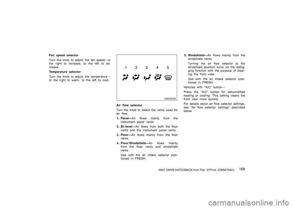 TOYOTA YARIS 2007 2.G Owners Manual 1592007 YARIS HATCHBACK from Feb. ’07Prod. (OM52754U)
Fan speed selector
Turn the knob to adjust the fan speed—to
the right to increase, to the left to de-
crease.
Temperature selector
Turn the kn TOYOTA YARIS 2007 2.G Owners Manual 1592007 YARIS HATCHBACK from Feb. ’07Prod. (OM52754U)
Fan speed selector
Turn the knob to adjust the fan speed—to
the right to increase, to the left to de-
crease.
Temperature selector
Turn the kn