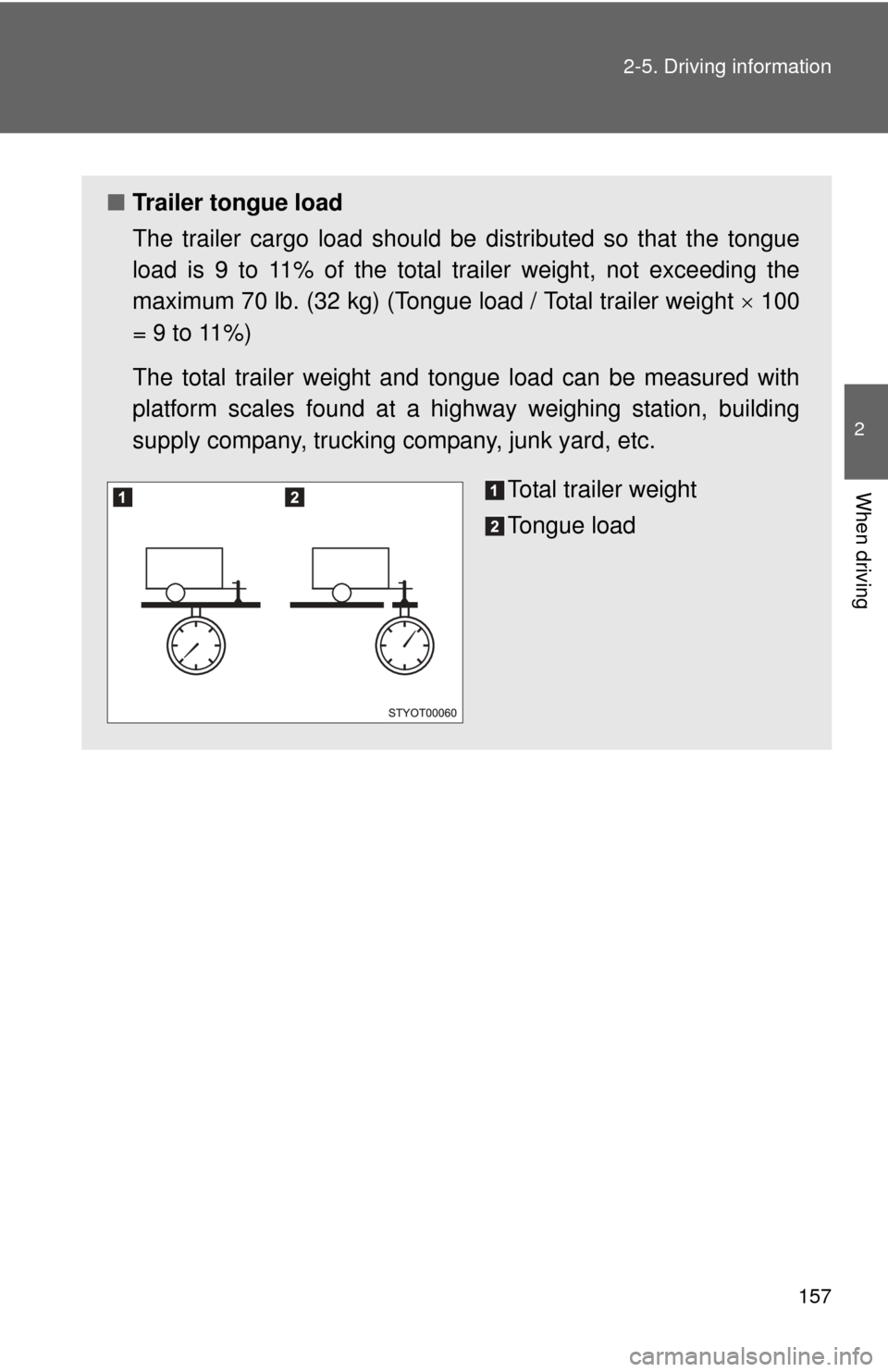 TOYOTA YARIS 2008 2.G Owners Manual 157
2-5. Driving information
2
When driving
■
Trailer tongue load
The trailer cargo load should be  distributed so that the tongue
load is 9 to 11% of the total trailer weight, not exceeding the
max