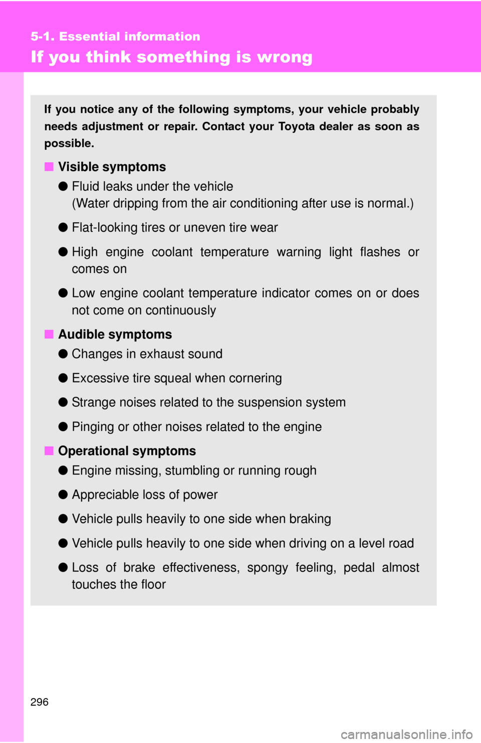 TOYOTA YARIS 2008 2.G Owners Manual 296
5-1. Essential information
If you think something is wrong
If you notice any of the following symptoms, your vehicle probably
needs adjustment or repair. Contact your Toyota dealer as soon as
poss