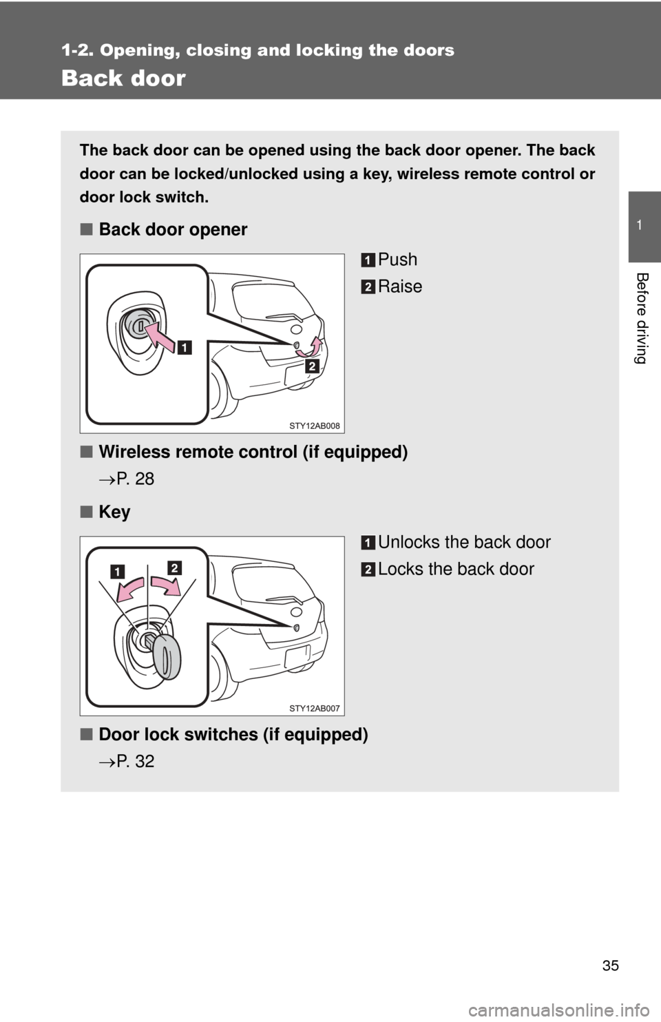 TOYOTA YARIS 2008 2.G Owners Manual 35
1
1-2. Opening, closing and locking the doors
Before driving
Back door
The back door can be opened using the back door opener. The back
door can be locked/unlocked using a key, wireless remote cont