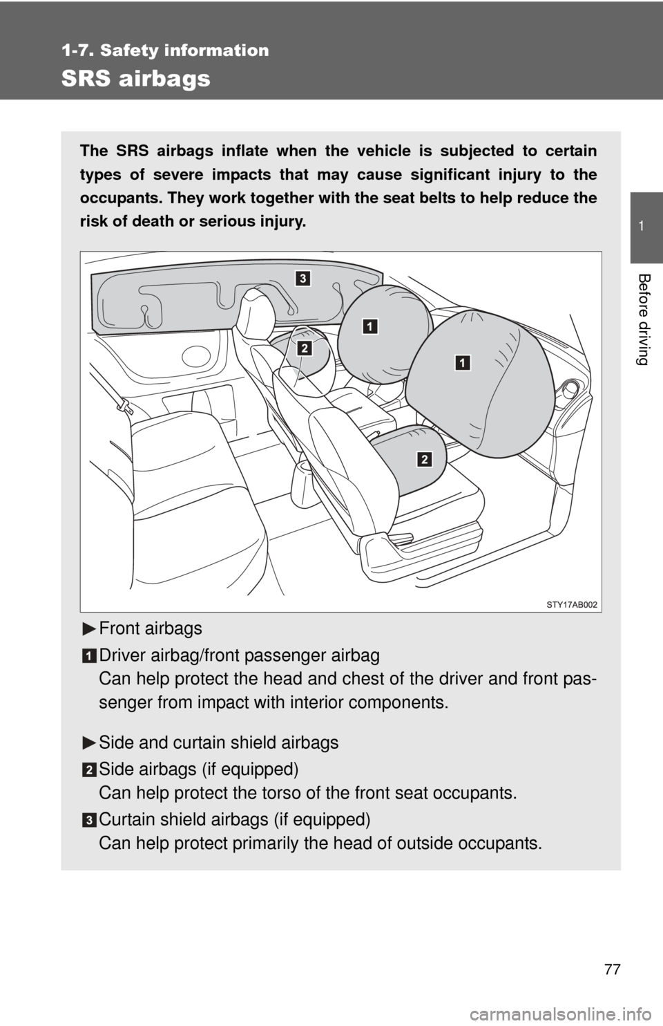 TOYOTA YARIS 2008 2.G Owners Manual 77
1
1-7. Safety information
Before driving
SRS airbags
The SRS airbags inflate when the vehicle is subjected to certain
types of severe impacts that may  cause significant injury to the
occupants. Th