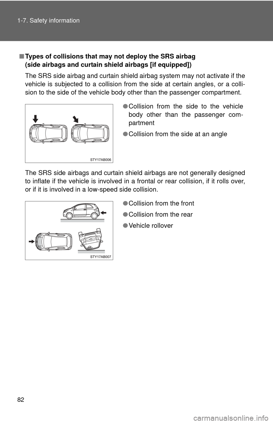 TOYOTA YARIS 2008 2.G Owners Manual 82 1-7. Safety information
■Types of collisions that may not deploy the SRS airbag 
(side airbags and curtain shield airbags [if equipped])
The SRS side airbag and curtain shield airbag system may n