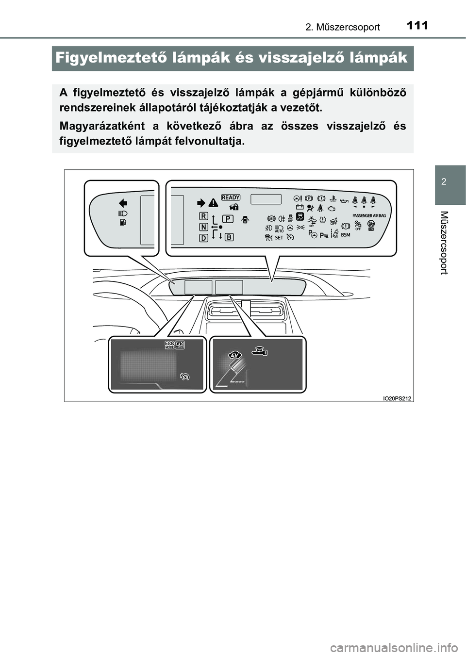 TOYOTA PRIUS 2017  Kezelési útmutató (in Hungarian) 111
2
2. Műszercsoport
Műszercsoport
Figyelmeztető lámpák és visszajelző  lámpák
A  figyelmeztető  és  visszajelz ő  lámpák  a  gépjármű  különböző
rendszereinek állapotáról  t