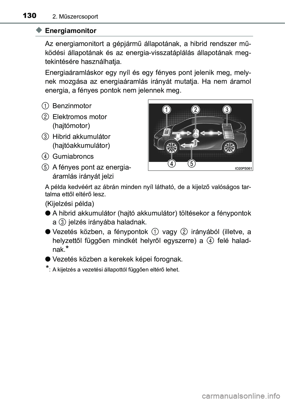 TOYOTA PRIUS 2017  Kezelési útmutató (in Hungarian) 1302. Műszercsoport
uEnergiamonitor
Az  energiamonitort  a  gépjármű  állapotának,  a  hibrid  rendszer  mű-
ködési  állapotának  és  az  energia-visszatáplálás  állapotának  meg -
te
