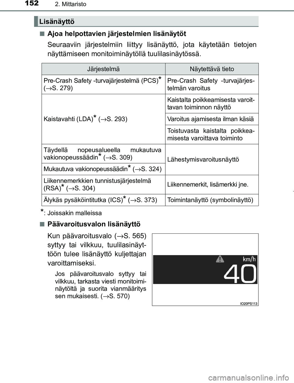 TOYOTA PRIUS 2017 Omistajan Käsikirja (in Finnish) 1522. Mittaristo
OM47B56FIn
Ajoa helpottavien järjestelmien lisänäytöt
Seuraaviin järjestelmiin liittyy lis
änäyttö, jota käytetään tietojen
näyttämiseen monitoiminäy töllä tuulilasin TOYOTA PRIUS 2017 Omistajan Käsikirja (in Finnish) 1522. Mittaristo
OM47B56FIn
Ajoa helpottavien järjestelmien lisänäytöt
Seuraaviin järjestelmiin liittyy lis
änäyttö, jota käytetään tietojen
näyttämiseen monitoiminäy töllä tuulilasin